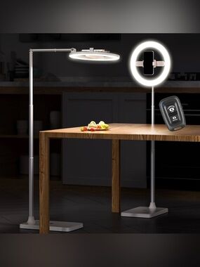 Adjustable LED Floor Lamp with Ring Light and Phone Holder